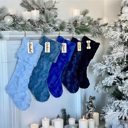 5 Pack Blue Christmas Stockings 20 Inch Large Faux Fur Navy Blue Christmas Stockings Personalized Xmas Hanging Stocking Decorations with Name Tag for Holiday Xmas Party Family Stuffers Decor