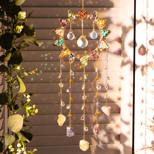 Tree of Life Crystal Sun Catcher Hanging Decor, Handmade Gift for Wall and Window with 3 K9 Crystal Prism Balls & Natural Crystal Stone, Rainbow Maker Decor Ornament for Home, Bedroom, Balcony