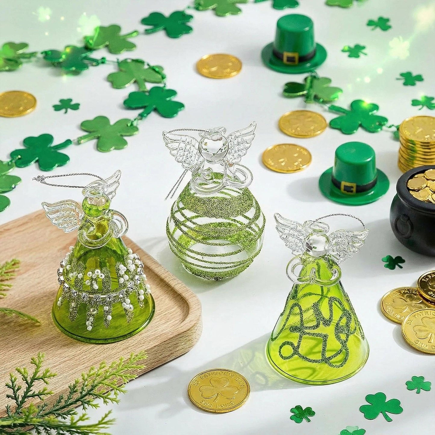 Green Glass Angel Ornaments Gift for Women, Set of 3 Crystal Guardian Angel Ornaments for Tree, 2026 Hand Blown Spun Glass Home Decor Irish Gift for Women