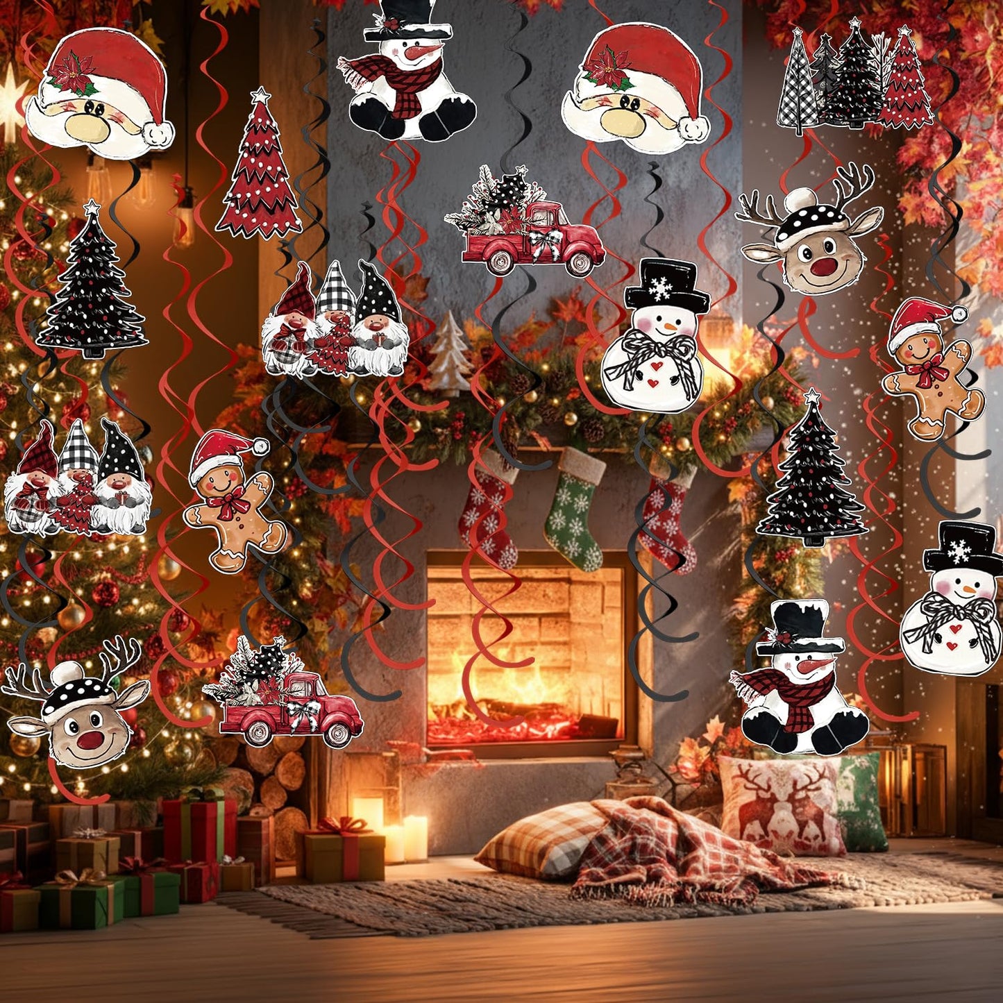 Horaldaily Christmas 30 Pieces Party Hanging Swirl Decorations, Christmas Trees Truck Snowman Santa Claus Gnome Party Hanging Swirls Streamers Ceiling Decor for Home Office Classroom School Supplies