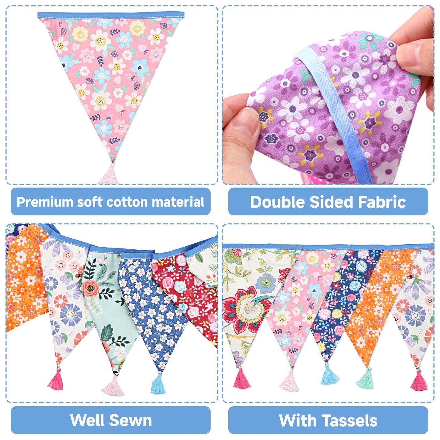 G2PLUS 10.8Ft Cotton Triangle Bunting Banner – 12pcs Multicolor Floral Fabric Pennant Flag with Tassels, Double Side Triangle Banner Garland for Weddings, Birthdays, Garden & Baby Showers