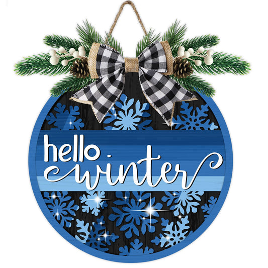 Deroro Hello Winter Blue Snowflake Front Door Sign, Seasonal Wood Door Hanger Outdoor Outside Porch Decor, Christmas Wooden Wreath with Checkered Bow Indoor Wall Hanging Decoration