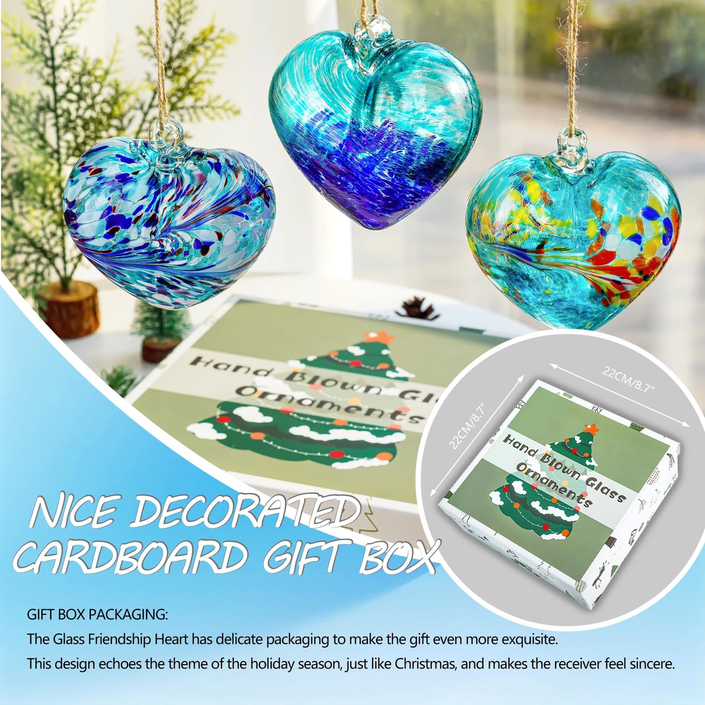 Set of 3 Handmade Glass Heart Ornaments 3.9 Inch Blue Friendship Heart Decor for Garden Home Centerpiece Gifts for Women