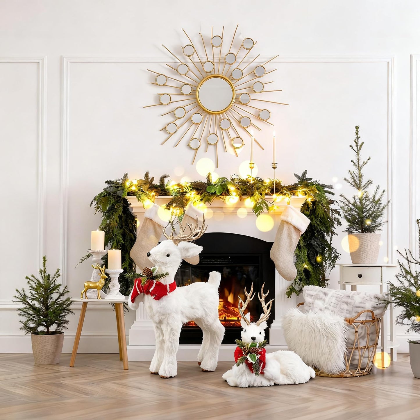 FTEJUWJ 2PCS Christmas Sisal Reindeer Decoration White Sisal Deer Silver Glitter Accented Reindeer Woodland Animals Figurines for Holiday Winter Centerpiece Christmas Tabletop Fireplace Decor (Gold)