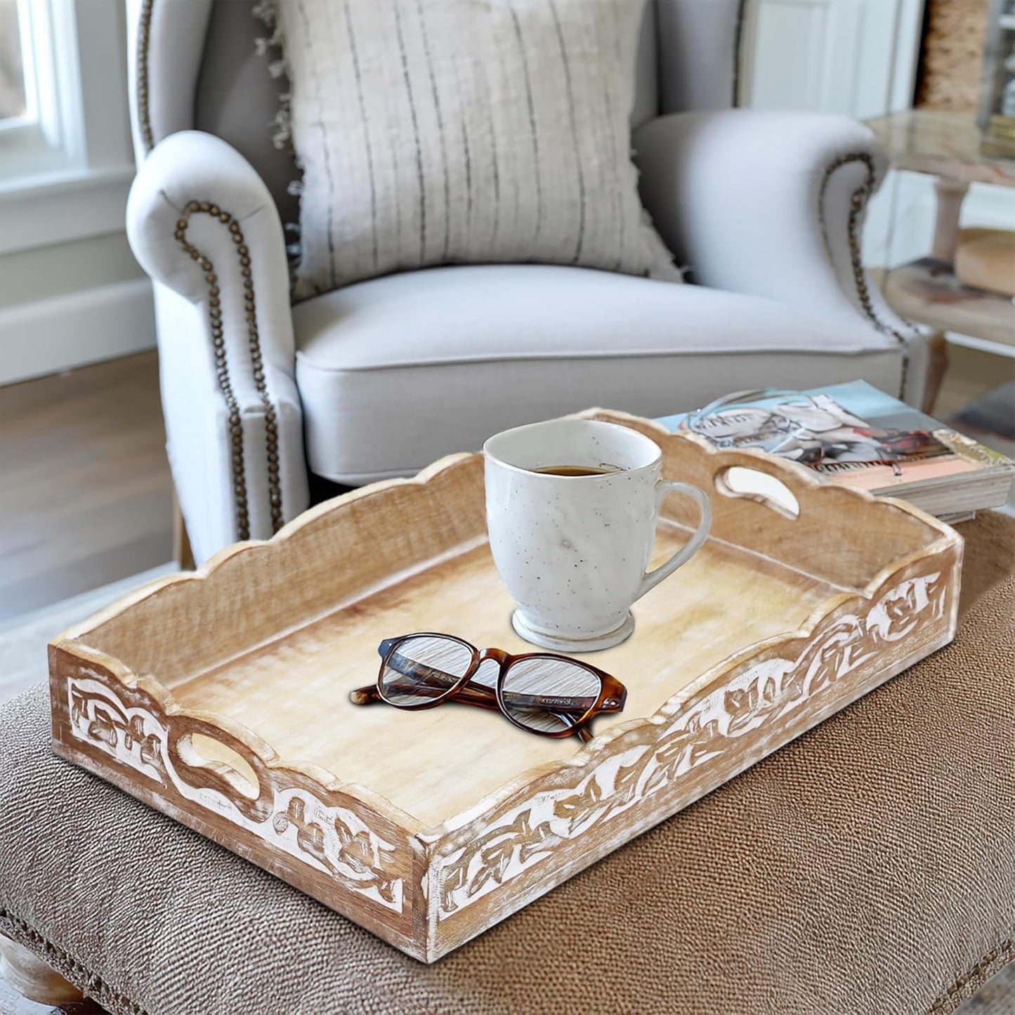 Hand Carved Solid Wood Serving Tray - Decorative Breakfast Tray with Handles - Rustic Food Tray with Intricate Detail - Unique Furnishing Accent - White Wash - 17 x 13 x 2.75 Inches - COTTON CRAFT