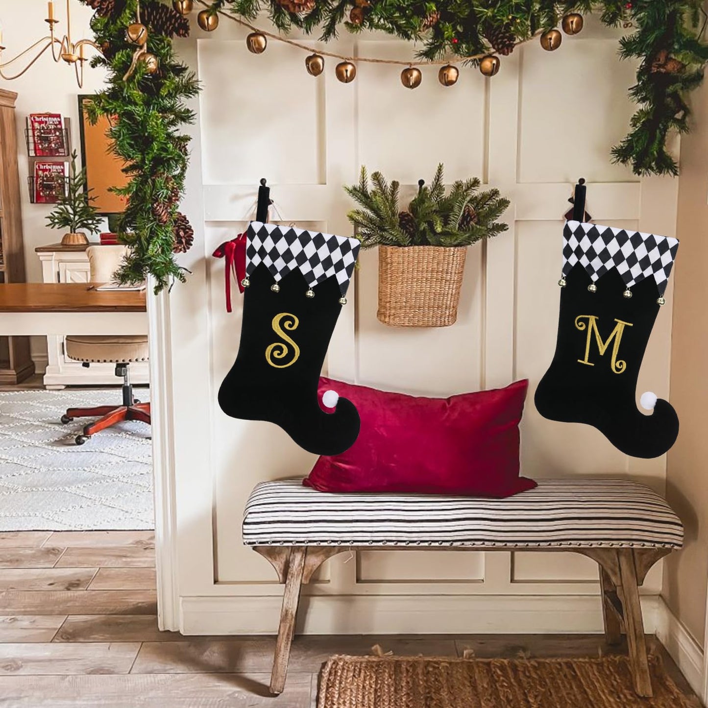 TWSANTAMAS Personalized Elf Christmas Stocking - 19 Inch Black Velvet with Gold Monogram, Checkered Cuff & Bells, Fireplace Decor S