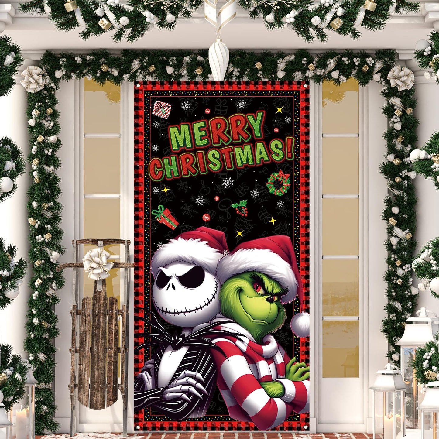 Merry Christmas Door Cover Christmas Photo Backdrop Xmas Winter Holiday Party Decorations and Supplies for Home-71×35''