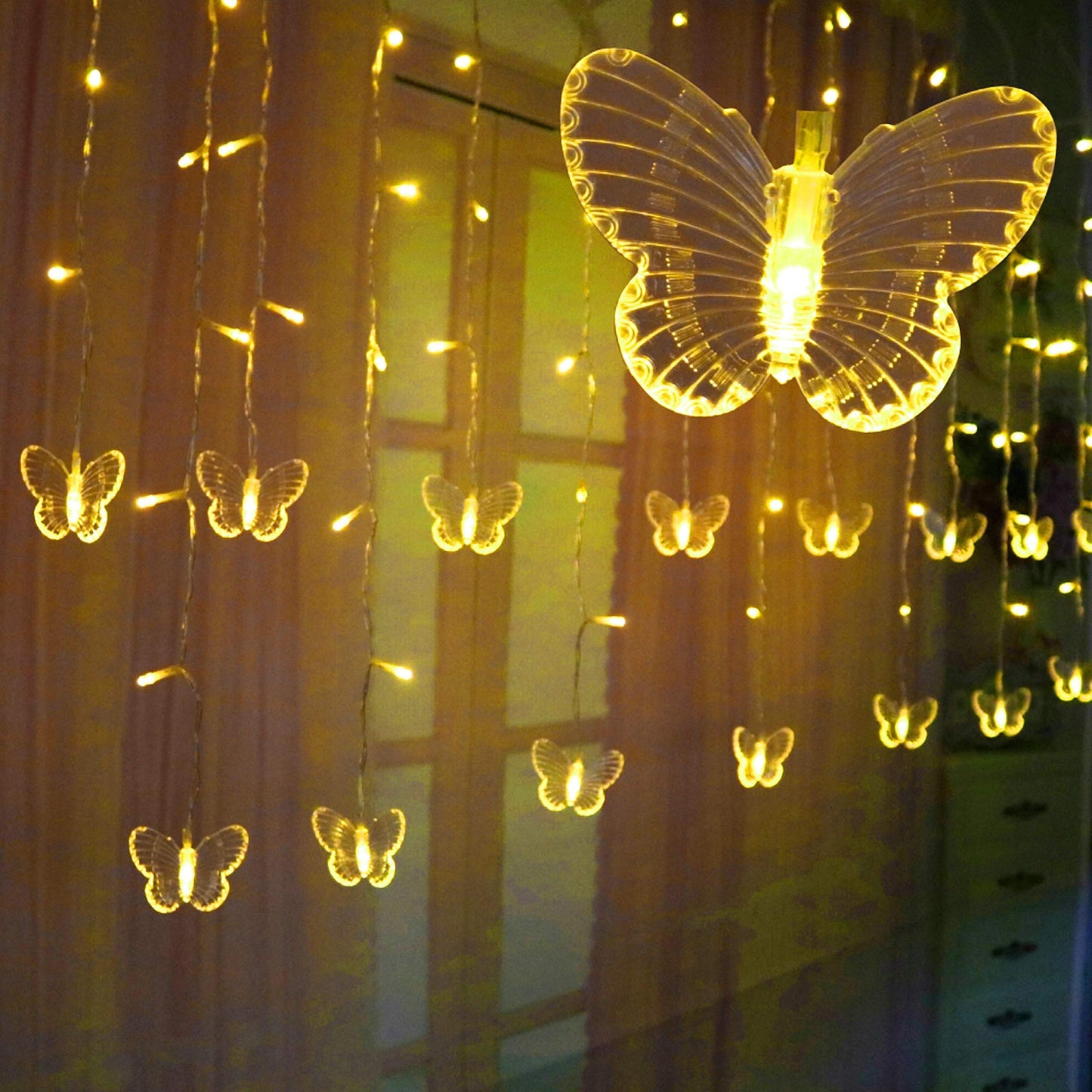 Decorman Butterfly Curtain Lights, 13ft 96 LED USB Window Fairy Lights 16 Butterflies 8 Modes Firefly Twinkle Timer String Lights with Remote for Room Bedroom Wall Ceiling Party Wedding Christmas