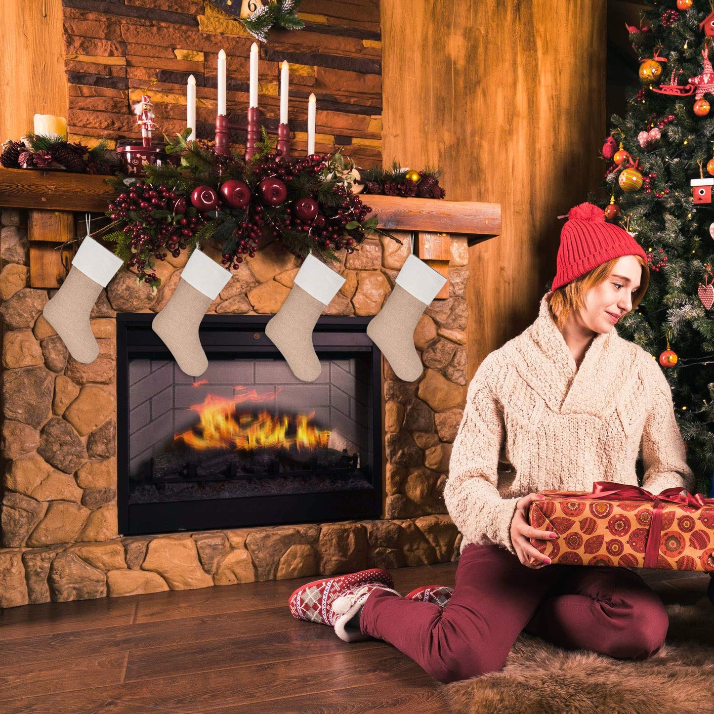 Sunshane Burlap Christmas Stockings Xmas Fireplace Hanging Stockings Decoration Stockings for Christmas Decoration DIY Craft (Flaxen, 4)