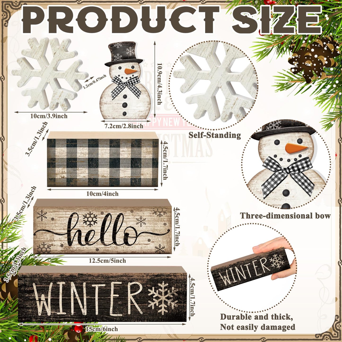 Colingmill 6 Pcs Snowman Christmas Decor Winter Table Decorations Winter Tiered Tray Decor Wooden Snowman Snowflake Signs Christmas Table Centerpiece for Farmhouse Home Kitchen Shelf Office Decoration