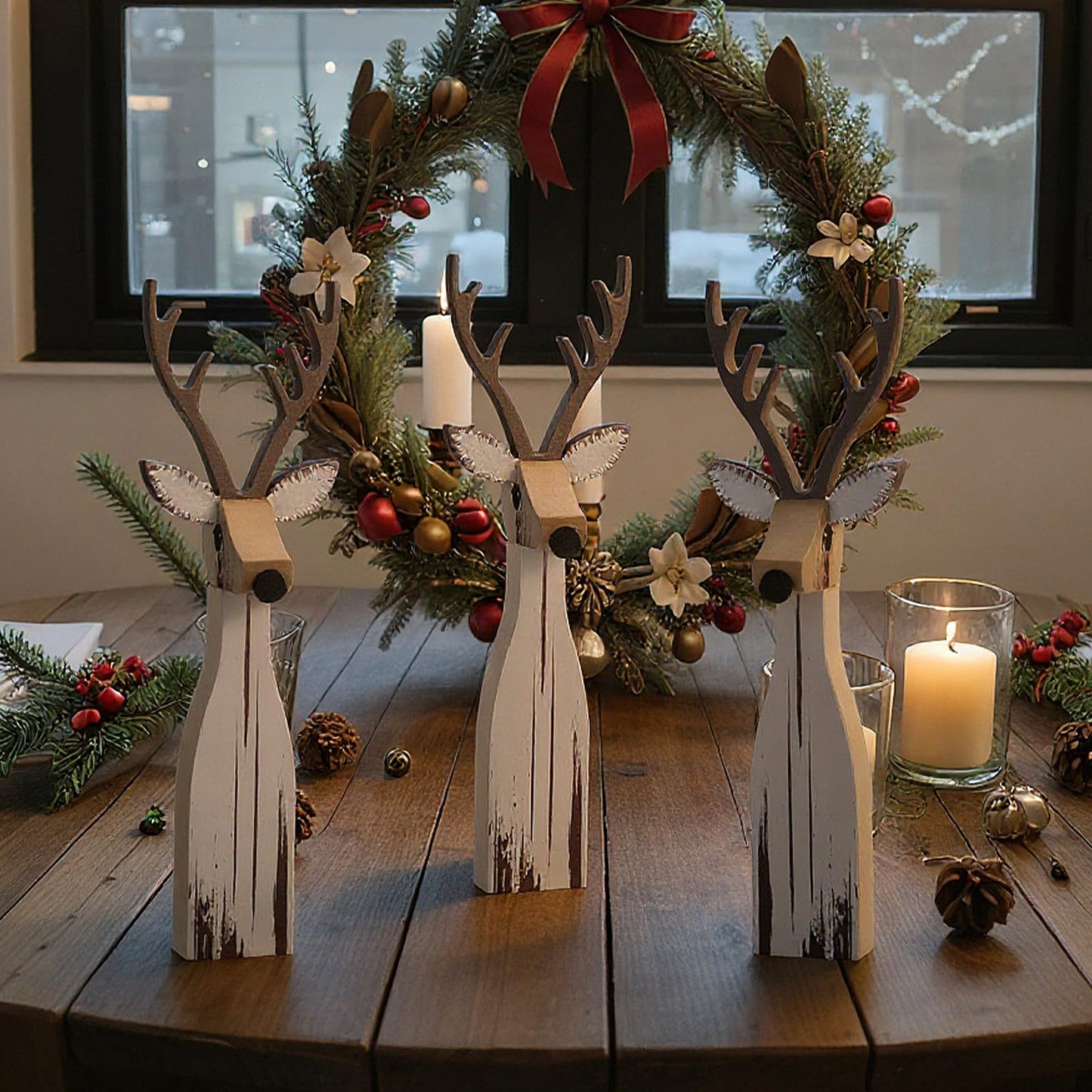 Syhood 3 Pcs Wooden Reindeer Figurines Reindeer Table Signs Deer Tiered Tray Decor Rustic Farmhouse Deer Tabletop Centerpiece for Winter Home Office Mantel Fireplace Shelf Desk Party Decorations