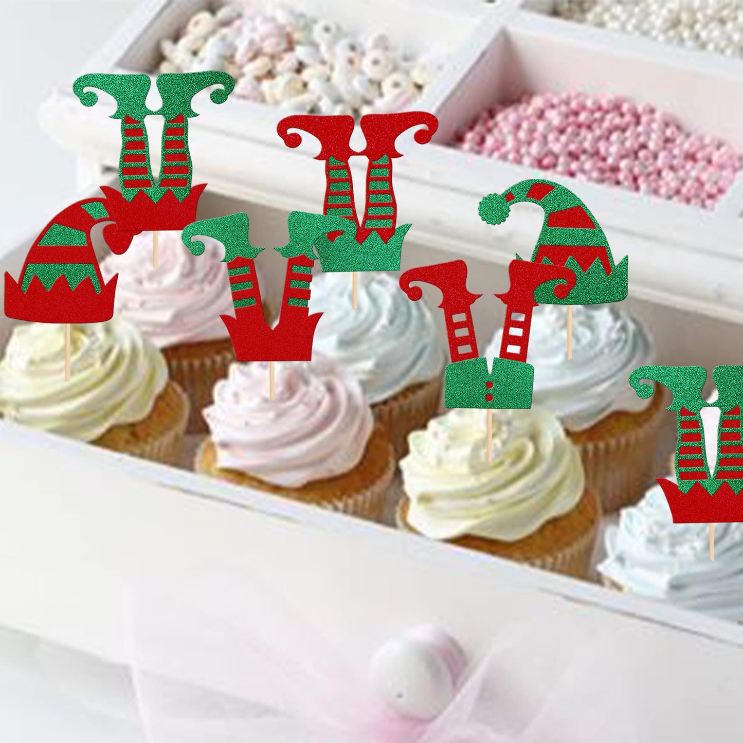 Rsstarxi 24 Pack Christmas Elf Cupcake Toppers Glitter Merry Santa Hat Elf Legs Cupcake Picks for Merry Christmas Theme New Year Holiday Baby Shower Kids Birthday Party Cake Decorations