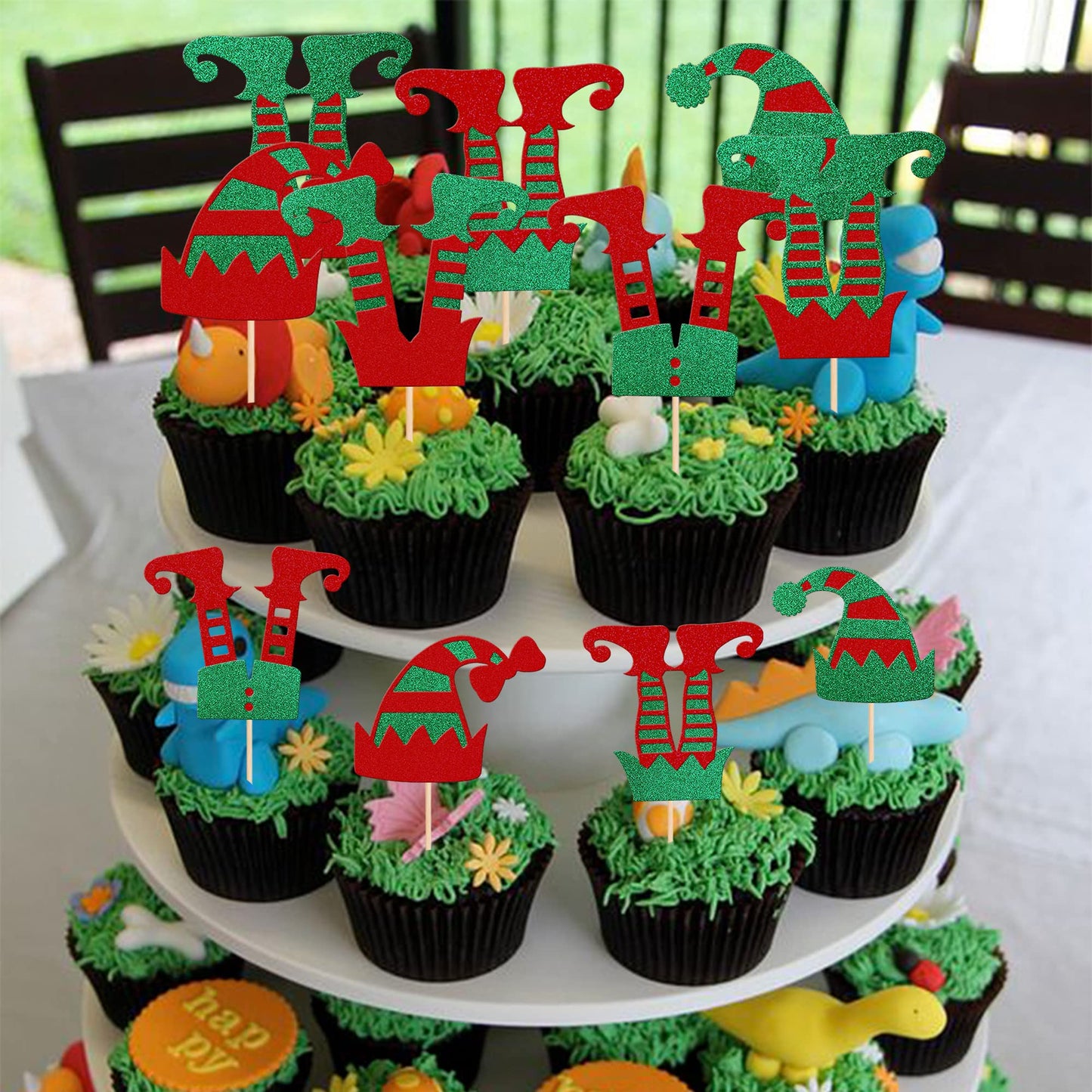Rsstarxi 24 Pack Christmas Elf Cupcake Toppers Glitter Merry Santa Hat Elf Legs Cupcake Picks for Merry Christmas Theme New Year Holiday Baby Shower Kids Birthday Party Cake Decorations