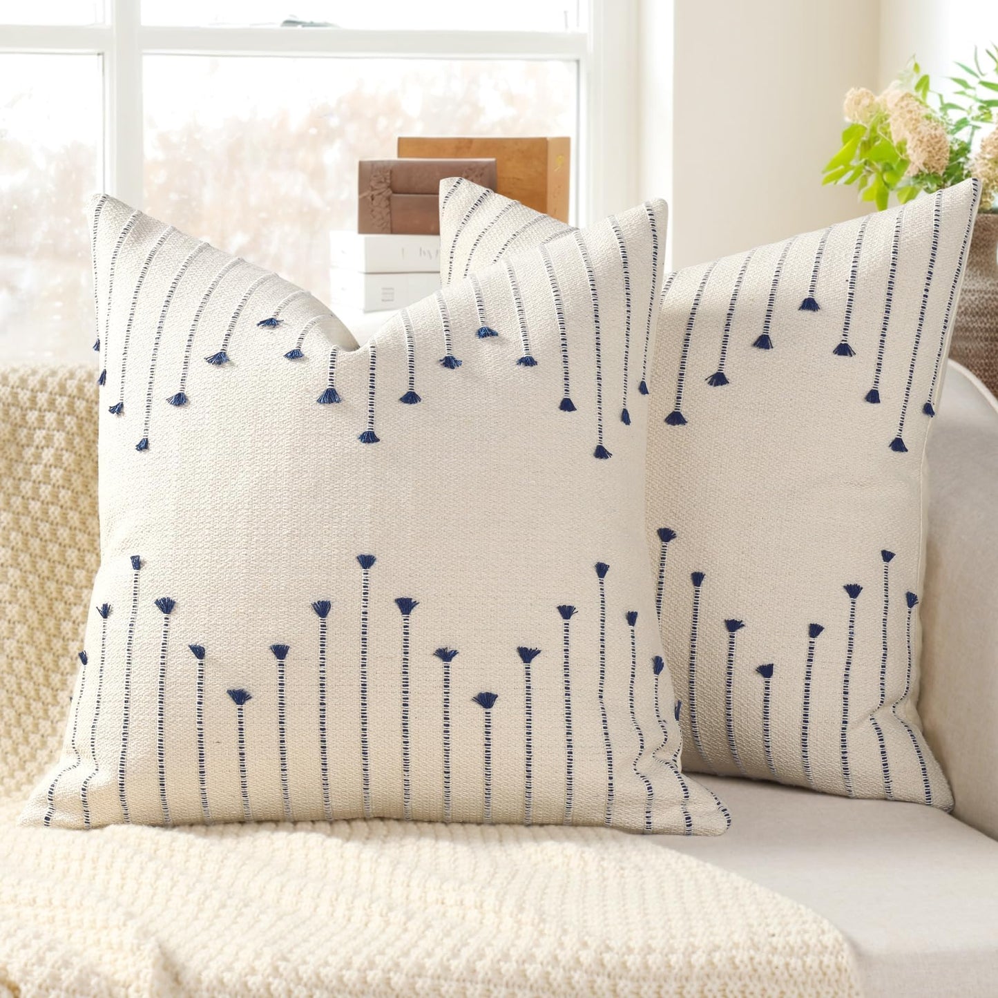 Boho Spring Throw Pillow Covers 18x18 Set of 2 Neutral Woven Decorative Pillowcases Cotton Tufted Couch Pillows Modern Farmhouse Cushion Covers for Sofa Couch Bed Living Room Home Decor, Navy Blue