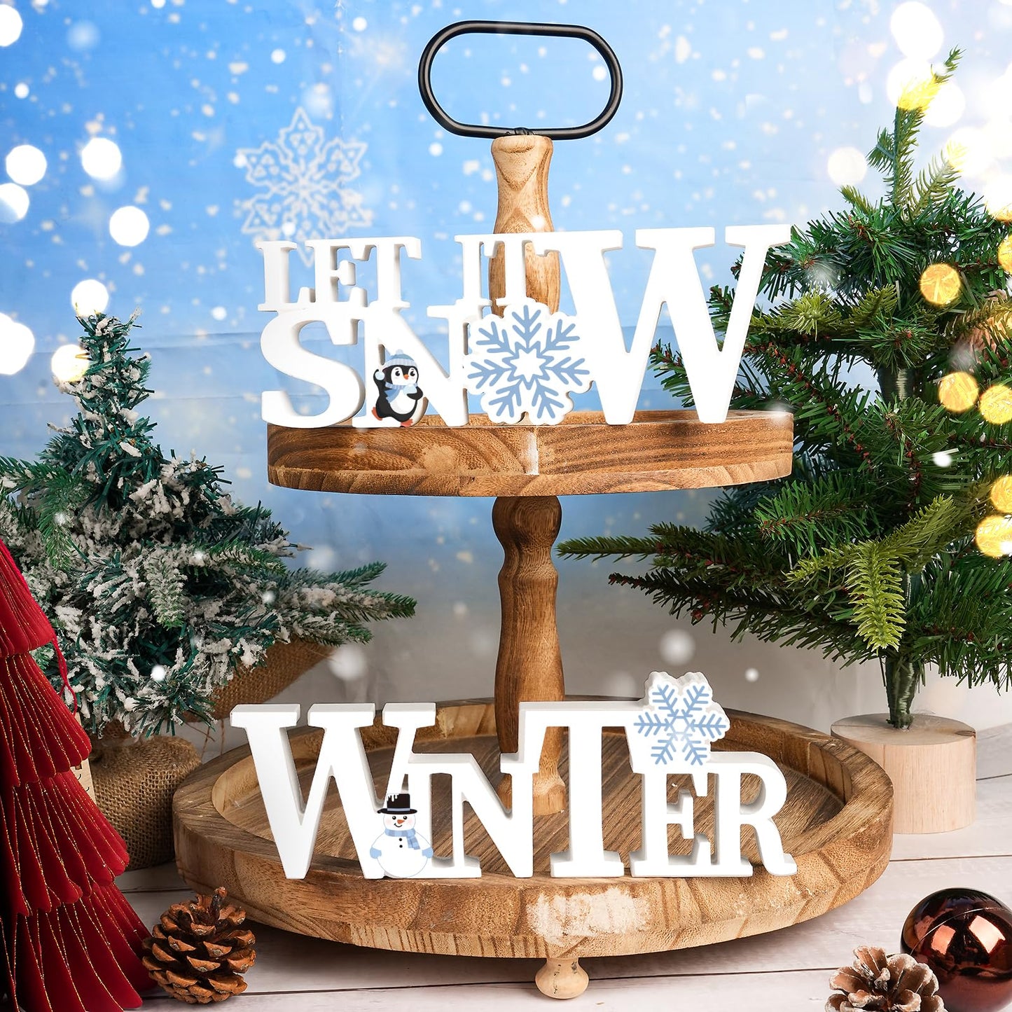 COCHIE Wooden Winter Let It Snow Sign, Snowflake Winter Decorations for Home, Office, Shelf, Mantel, Indoor, Blue White Wood Table Top Party Decor (White)