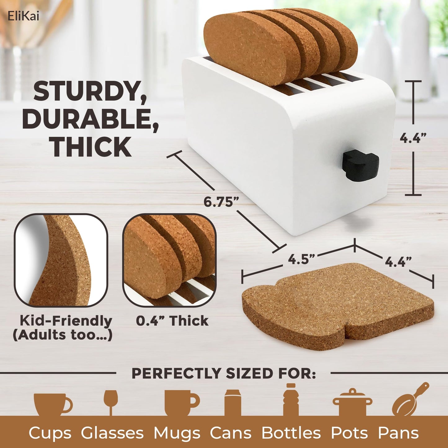 ELIKAI Cork Coasters for Drinks - Funny Coasters for Coffee Table, Absorbent Cork Coaster Set with Holder, Heat-Resistant Hot Pads for Kitchen, Ideal Housewarming and Birthday Gift, Set of 4