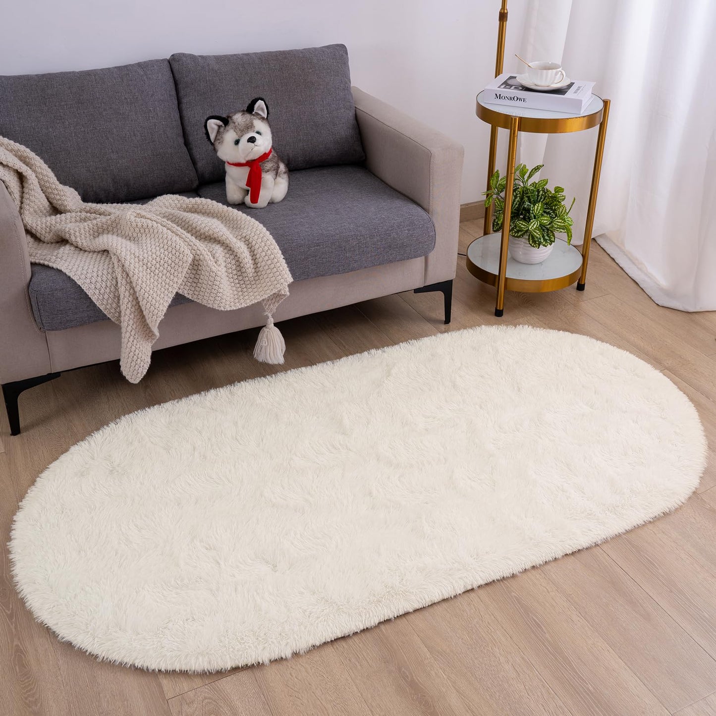 Goideal Fluffy Bedroom Rug, Small Oval Area Rugs, Cream Shag Bedside Carpet for Kids Room Nursery Dorm Cute Fuzzy Indoor Decor for Boy and Girl, 2.6 x 5.3 Feet