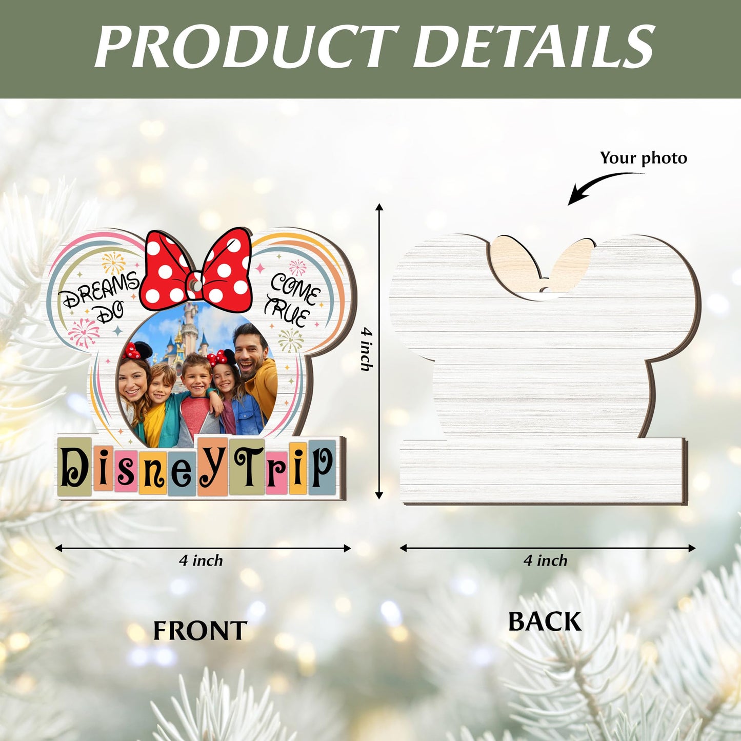 Family Vacation Trip Wooden Photo Ornament – Ears with Bow Design, “Dreams Do Come True” Family Vacation Magic Kingdom Keepsake, Rustic Holiday Decoration with Photo Frame