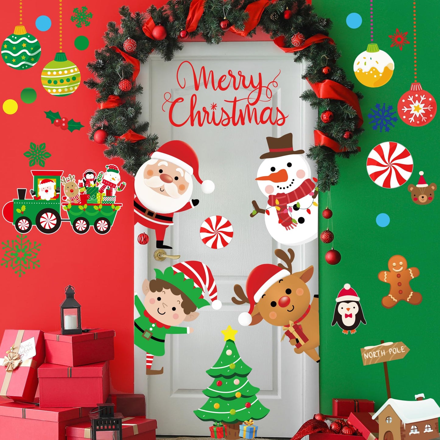 Christmas Wall Decals Stickers 96PCS Removable Large Merry Xmas Wall Decorations Christmas Bathroom Decor Santa Claus Snowman Reindeer Window Clings for Outdoor Indoor