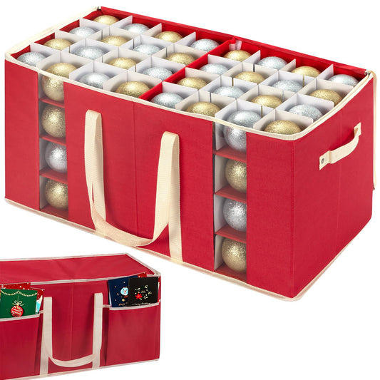 RIDGEPOLE Christmas Visible Ornament Storage Box with Adjustable Dividers/Side Pockets,Ornaments Organizer with Zipper, Storage Container Bin for Christmas Decorations(128 Ball, Red, without Tray)