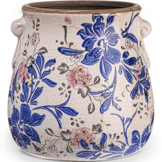 Ninehaoou Ceramic Scroll Planter 6.5 Inch Chinoiserie Floral Vase with Drainage Holes Vintage Flower Vase Flower Pot Rustic Ceramic Pots for Indoor Plants Garden Home Bookshelf Decor(Blue, Red)