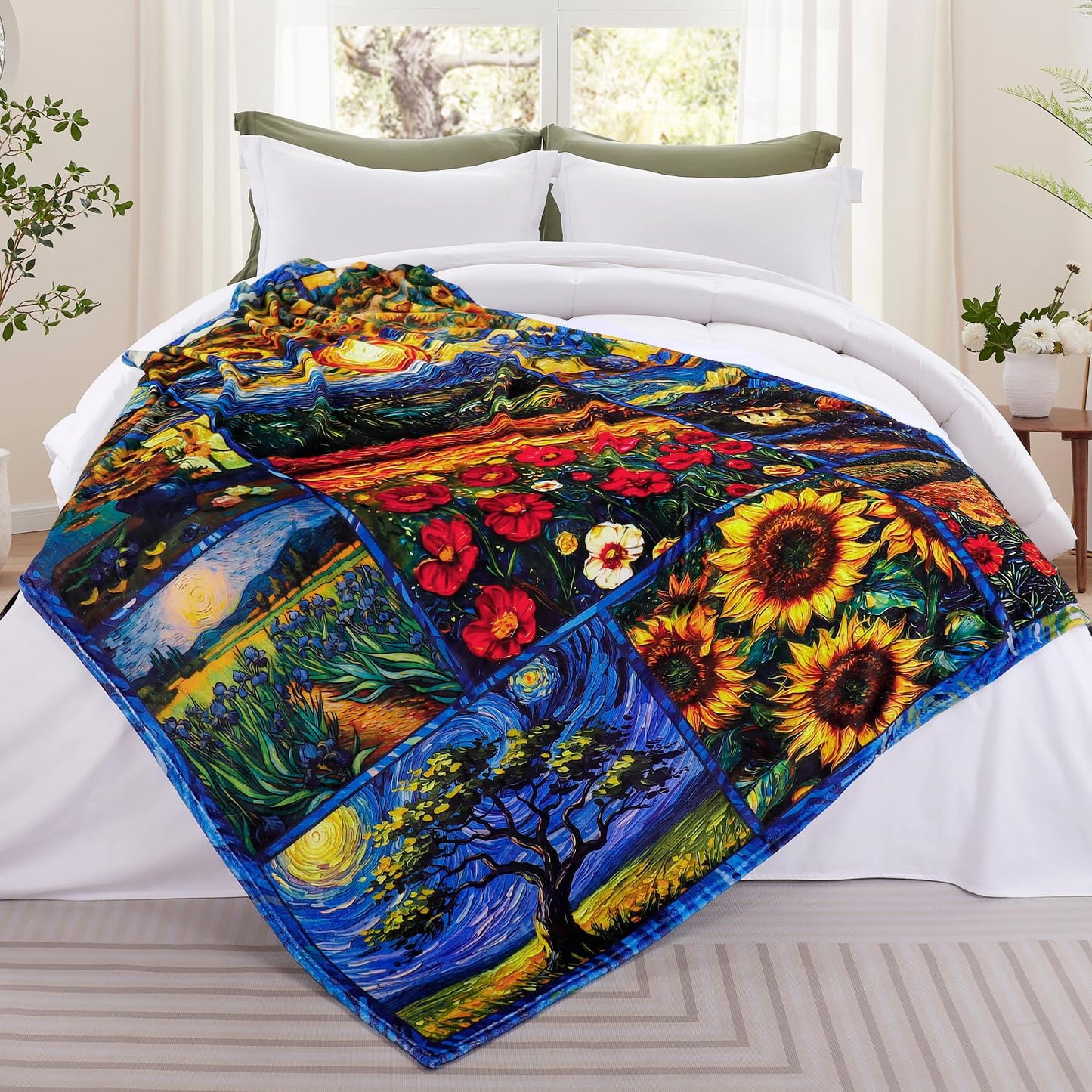 Homithley Oil Painting Collection Throw Blanket Van Gogh Art Patchwork Abstract Starry Night Sunflower Soft Flannel Blanket for Bedding Sofa and Travel Camping 50" × 60"