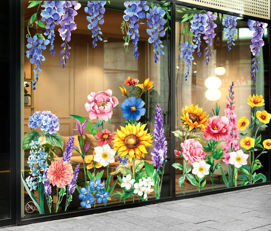 JarThenaAMCS Extra Large Spring Floral Window Clings Watercolor Wisteria Sunflower Glass Decal Stickers for Summer Home Office Classroom Party Wall Decor,35.4 x 13.8 Inch,3 Sheets