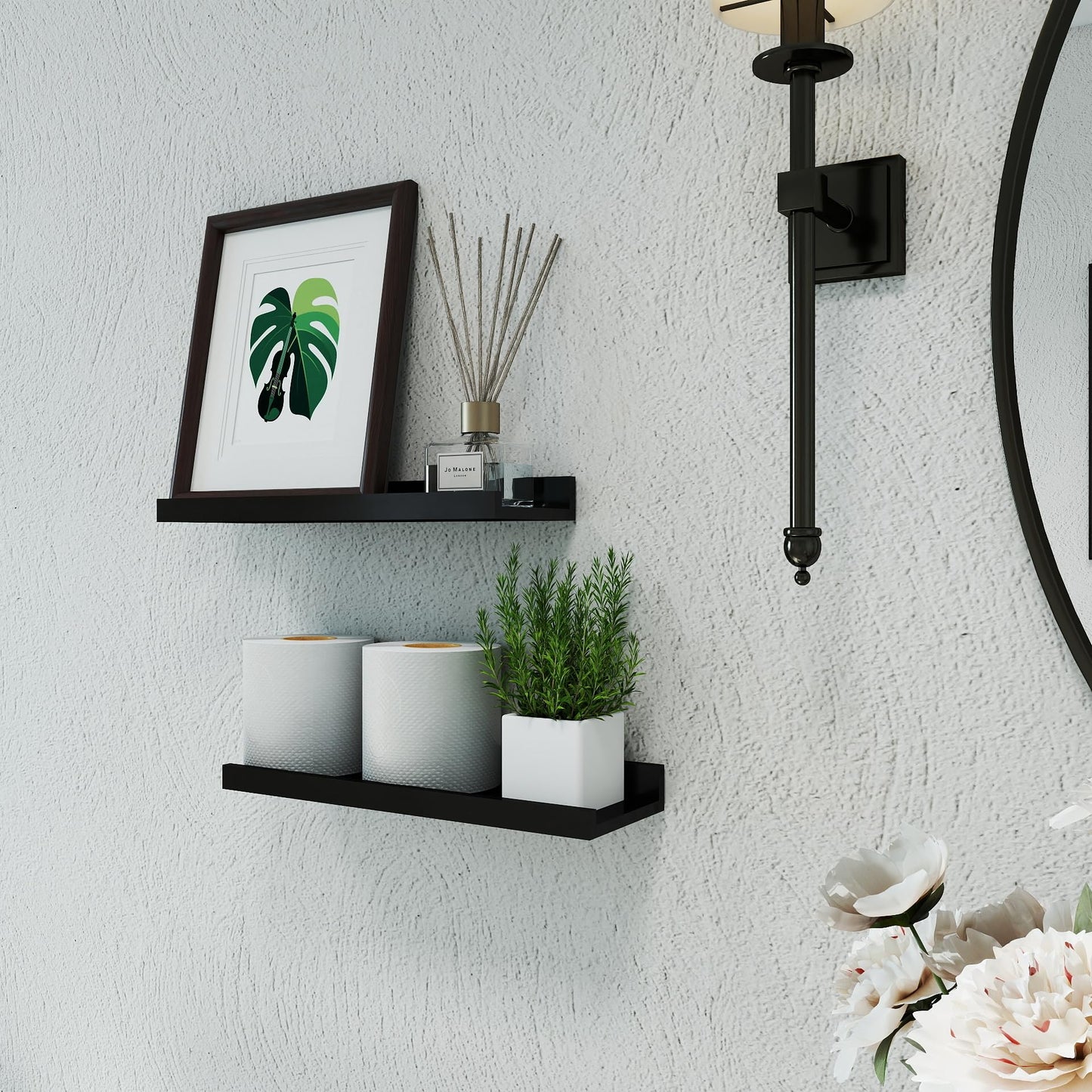 Solrot Black Floating Shelves for Wall Decor, Wall Mounted Wood Storage Shelf for Bedroom, Living Room, Bathroom, Kitchen, Nursery, Display Picture Ledge Shelf with Lip Set of 2-14 Inches, Black