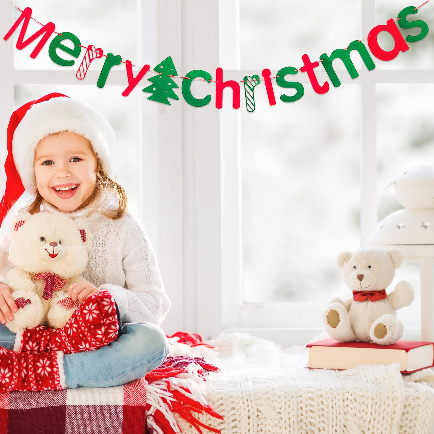 JSDJ Merry Christmas Banner with Christmas Tree Red Green Wool Felt Garland Happy Holiday Decoration Indoor Cute Hanging Decor for Mantel Fireplace Wall, Kids Bedroom, Living Room,Party Supplies
