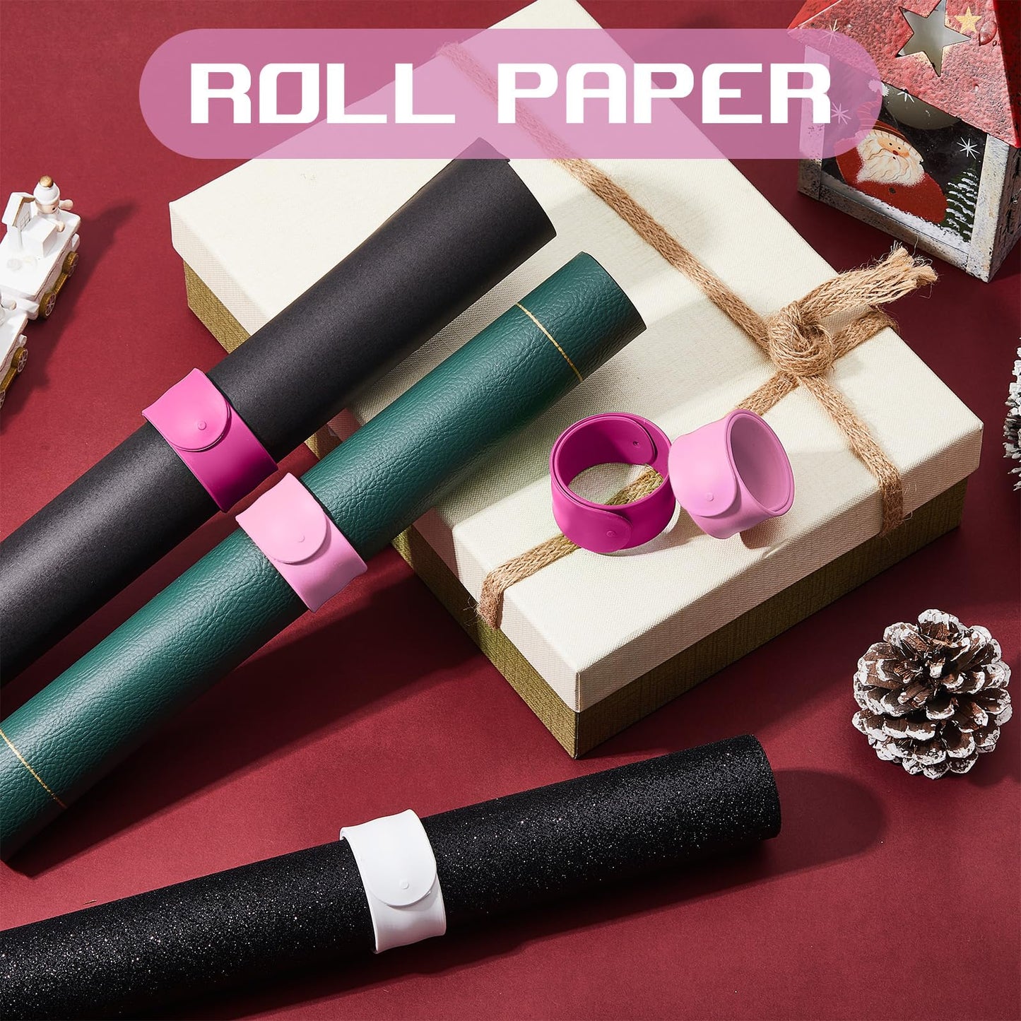 Charniol 12 Pieces Wrapping Paper Roll Holder Holiday Flip Wraps Silicone Covered Metal Strips Flip 1 x 9 Inch Stabilizer Slap Band for Poster Gift Paper Vinyl Storage Organize (Rose Red,Pink,White)
