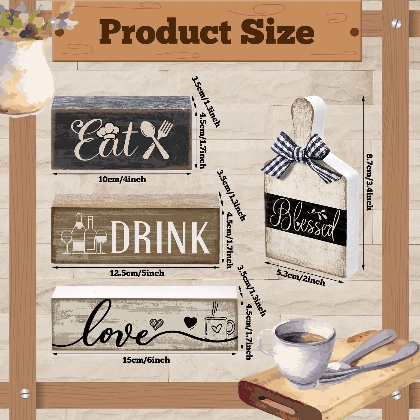 Moucuny 4 Pcs Farmhouse Kitchen Decor Wooden Plate Farmhouse Table Decor Black Brown and White Plate Tableware Centerpiece Rustic Decorative Plates Block Sign for Display Cabinet Kitchen Decoration
