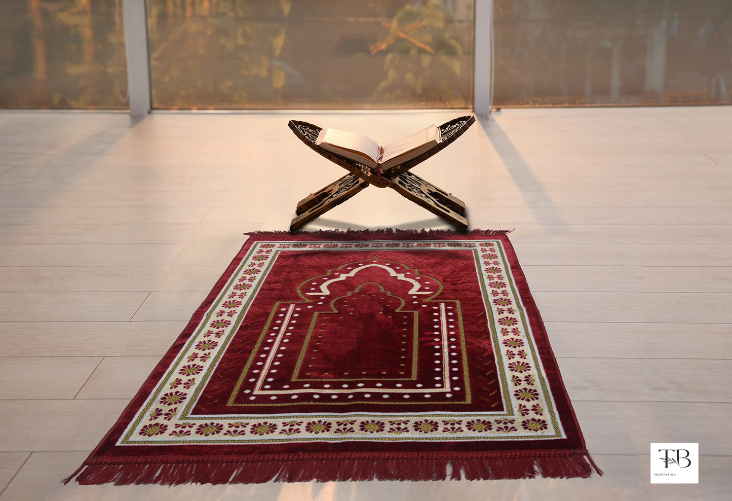 TB Islamic Prayer Rug Plush Soft Velvet Muslim Mat Unique Arabic Turkish African Embroidered Design Prayer Bead Daily Salah Prayer Meditation Ramadan Eid Gift for Women Men Kids (Red)