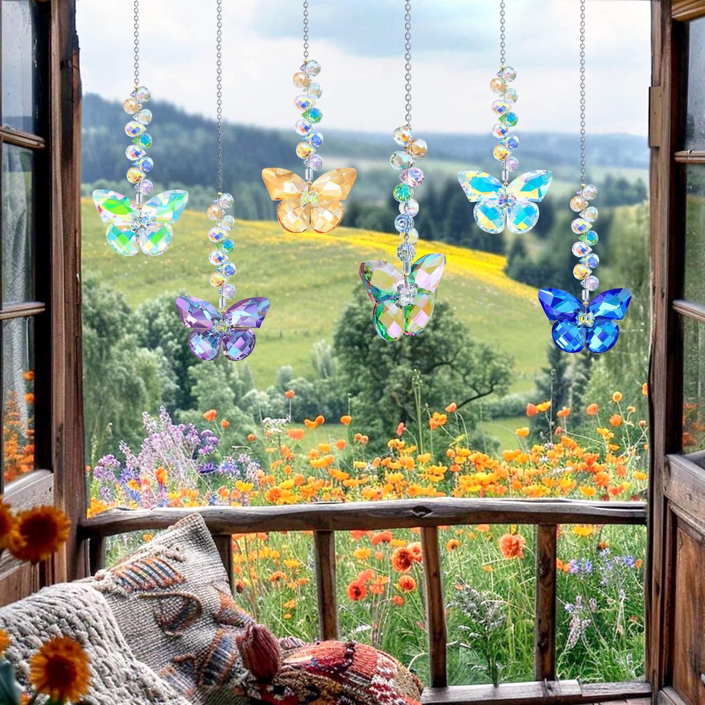 LUMITI 6pcs Crystal Butterfly Suncatchers Hanging Ornaments, Rainbow Maker Sun Catchers Indoor Window Outdoor Patio Garden Decor Gifts (Butterfly)