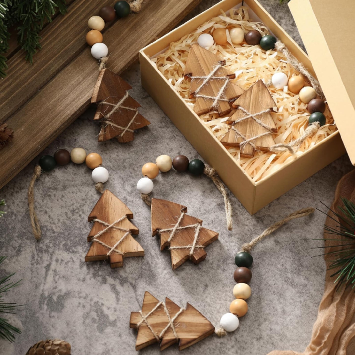 Civaner 6 Pcs Neutral Christmas Tree Hanging Ornament with Wooden Beads Rustic Wooden Boho Christmas Tree Decorations Bead Garland for Xmas New Years Holiday Farmhouse Gift Decor