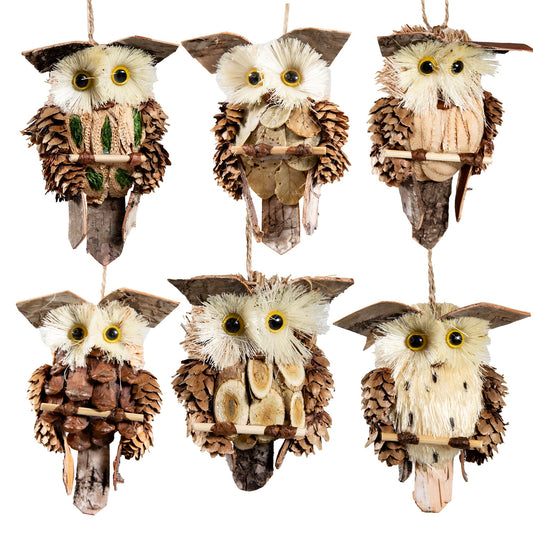 Berfutall-Woodland Animal Owl Ornaments, Wood and Sisal, Set of 6 Assorted, Christmas Tree, Thanksgiving Decor