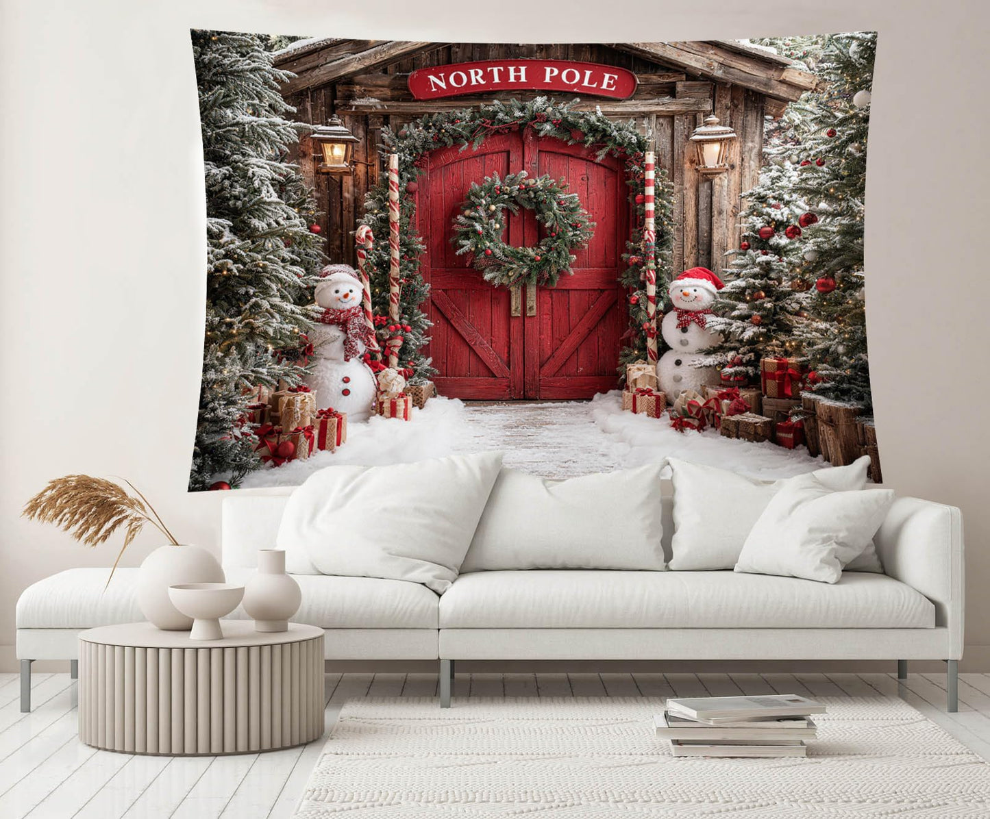 CHNYWORK 7x5ft Christmas North Pole Backdrop Snowman Christmas Trees Gift Boxes Snowy Pine Forest Red Wooden Door Winter Holiday Background New Year Xmas Eve Party Decor Portrait Photo Booth Props