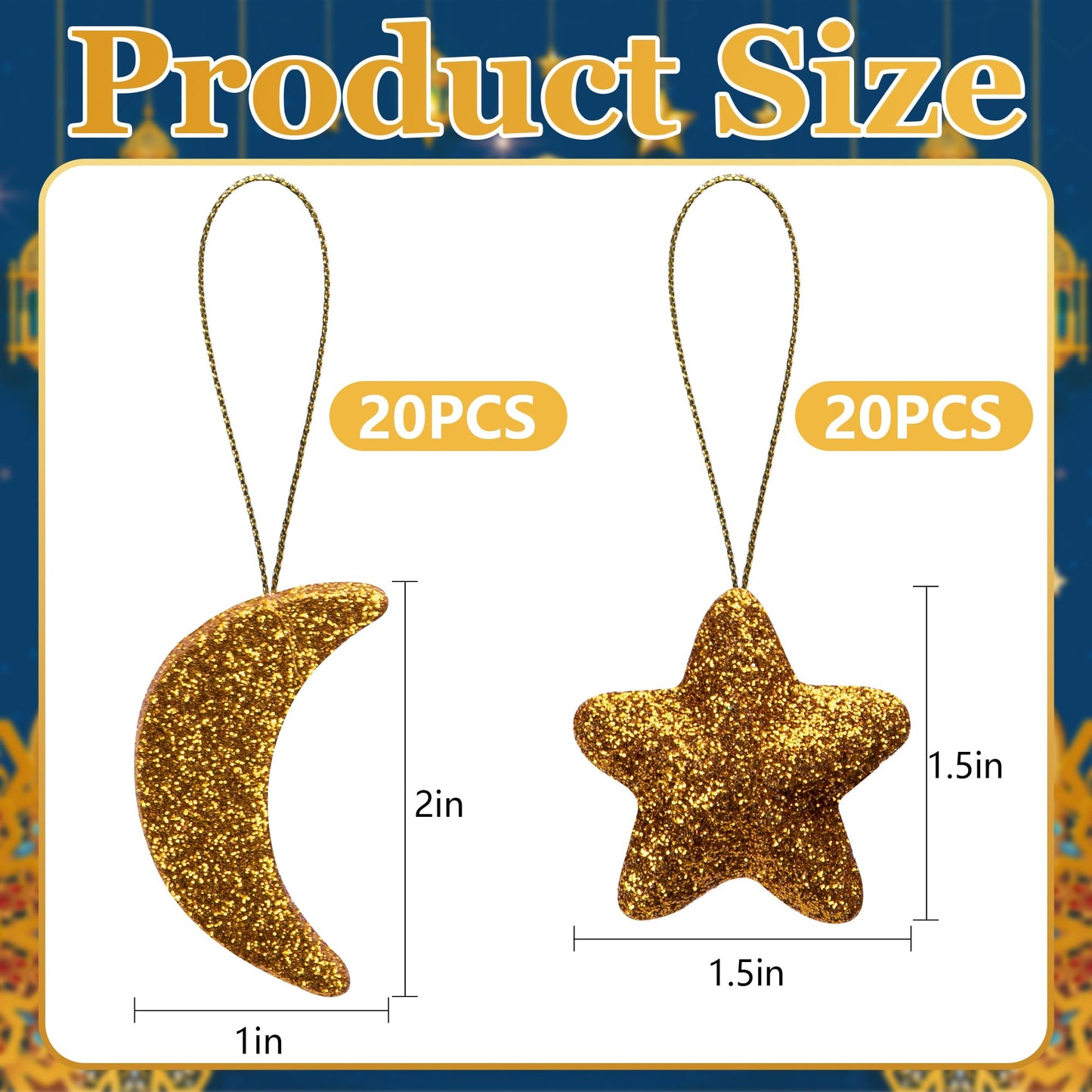 Deloky 40 Pcs Glitter Eid Mubarak Ornaments, Gold Moon Star Hanging Ramadan Tree Ornaments, Shining Ramadan Kareem Moon Star Pendant Decorations for Islamic Muslim Festival Party Home Decor