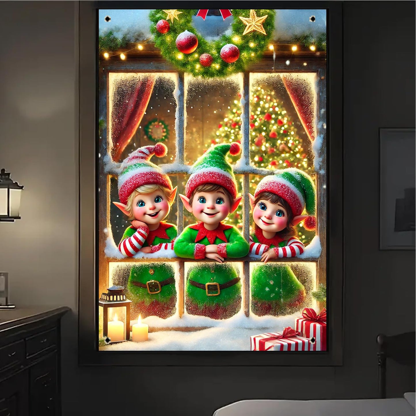 BlissYard Christmas Window Cover 31x47 Inch Elf Window Poster Decoration for Holiday Kids Room Indoor Xmas Wall Scene Winter Window Backdrop Display