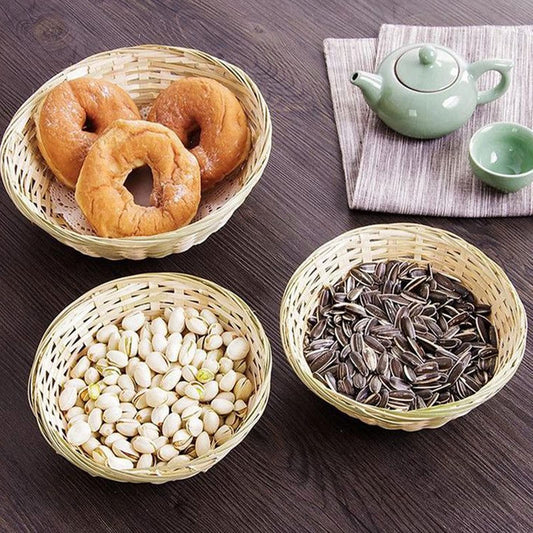 LONG XIN SERIES 4 Pcs 9 Inches Small Round Basket Storage Organizers Bamboo Handmade Basket for Kitchen Organization Stackable Storage
