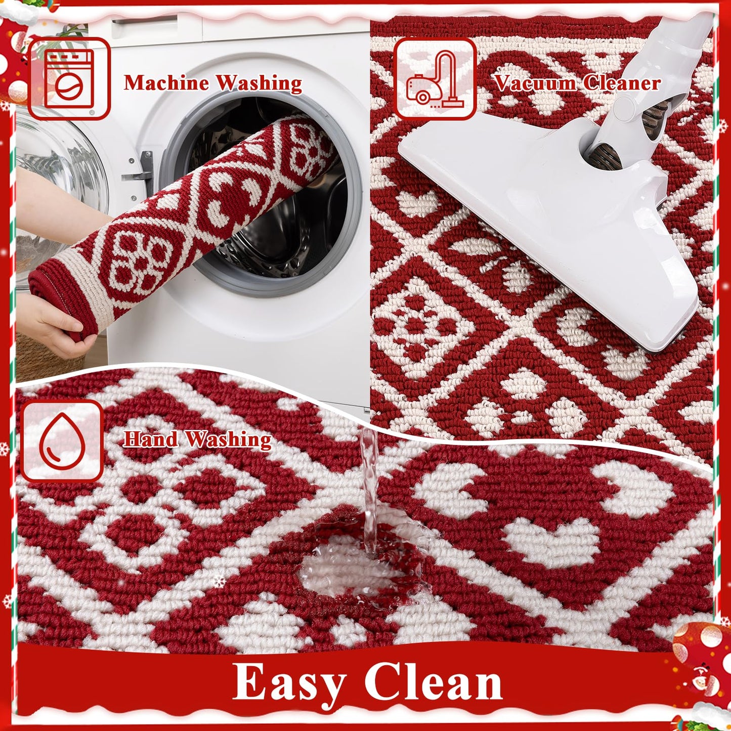Ileading Christmas Entrance Door Mat, Absorbent Dog Mats for Muddy Paws, Low-Profile Small Red Xmas Decor Kitchen Runner Rug with Non-Slip Backing, Machine Washable Entryway Welcome Mat(Red 24"X36")
