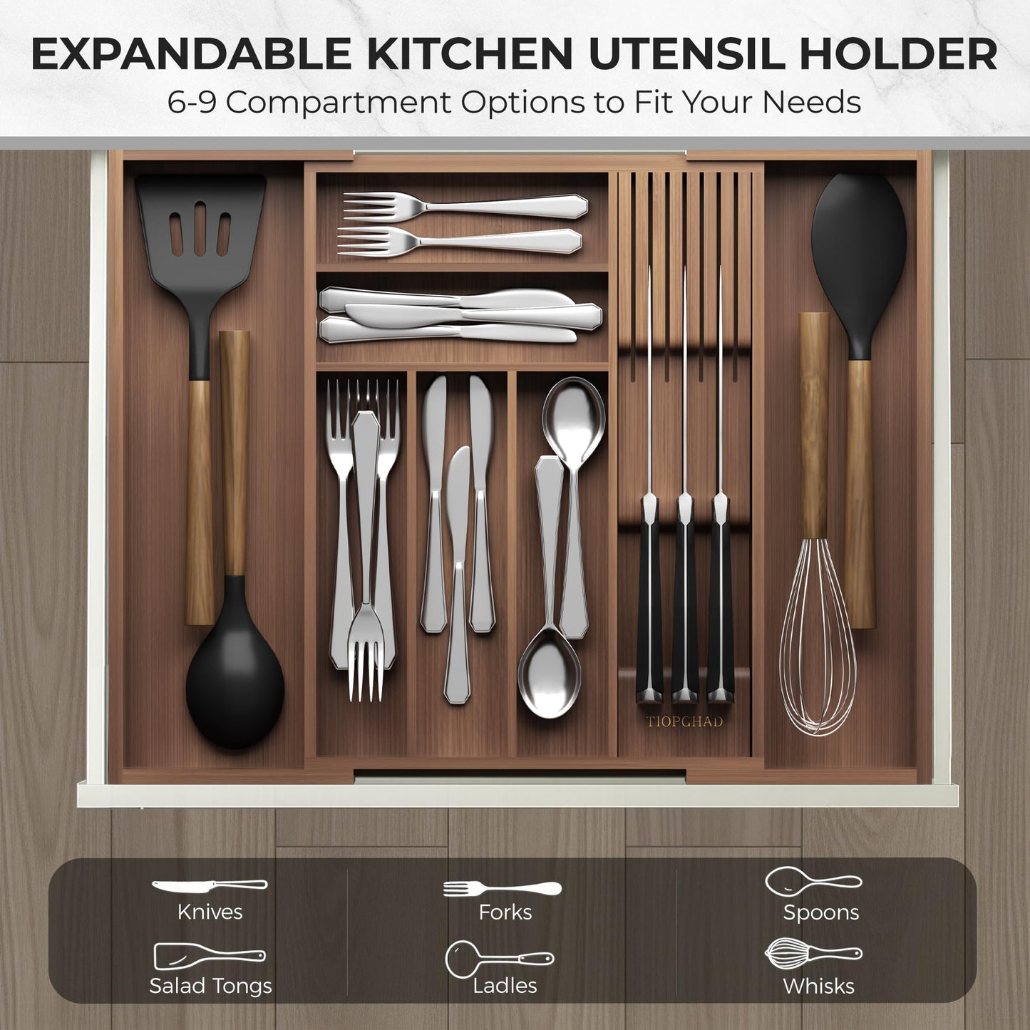 TIOPGHAD Bamboo-Silverware-Drawer-Organizer-Kitchen, Expandable Utensil Holder Cutlery Tray Flatware Organization Adjustable Wood Tableware Dividers Storage (with Removable Knife Block)(Brown)