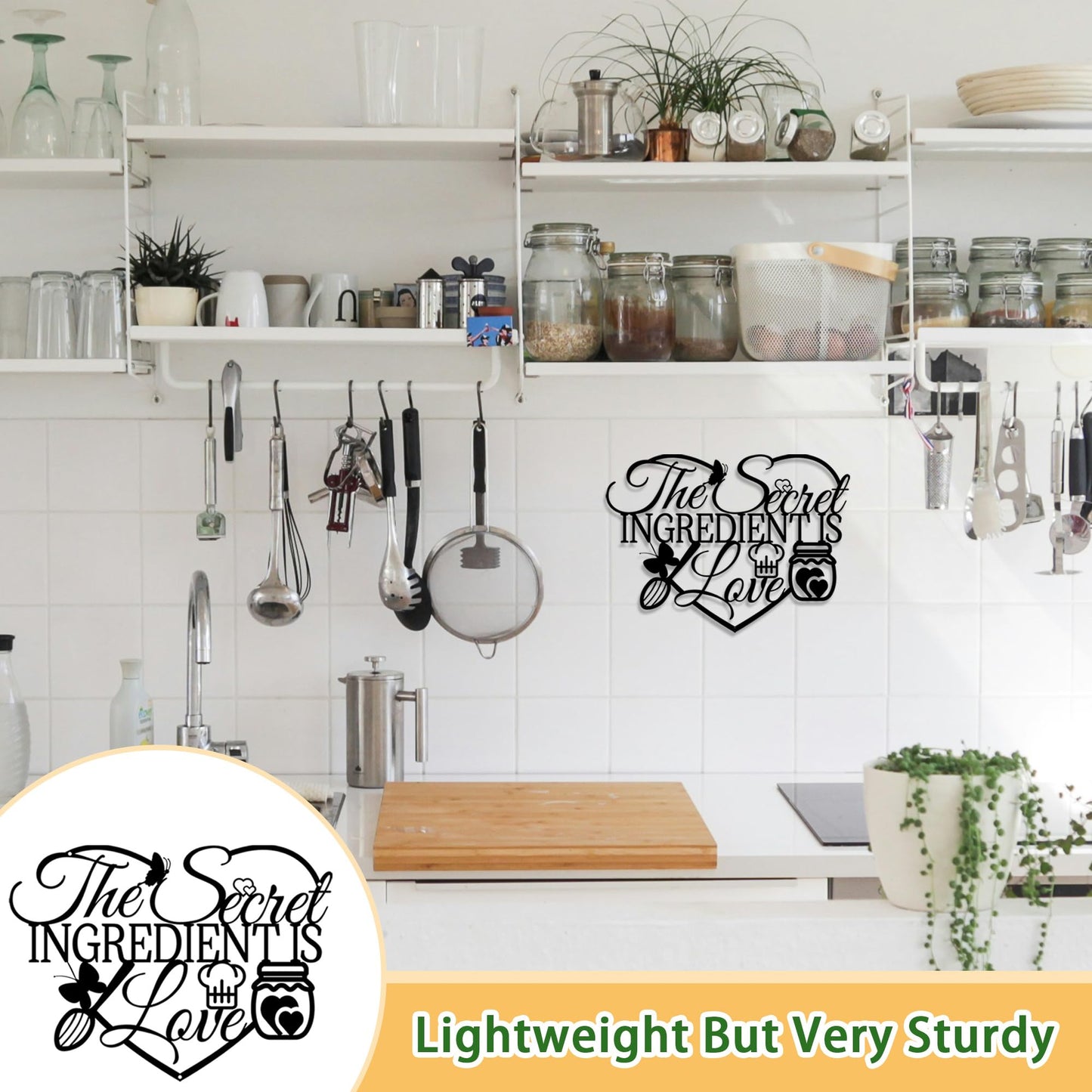 The Secret Ingredient Is Love Metal Wall Art Sign, Black Kitchen Signs Wall Decor, Farmhouse Dining Room Decorations, Housewarming Gift for Mom, Wife, Couples (Black)
