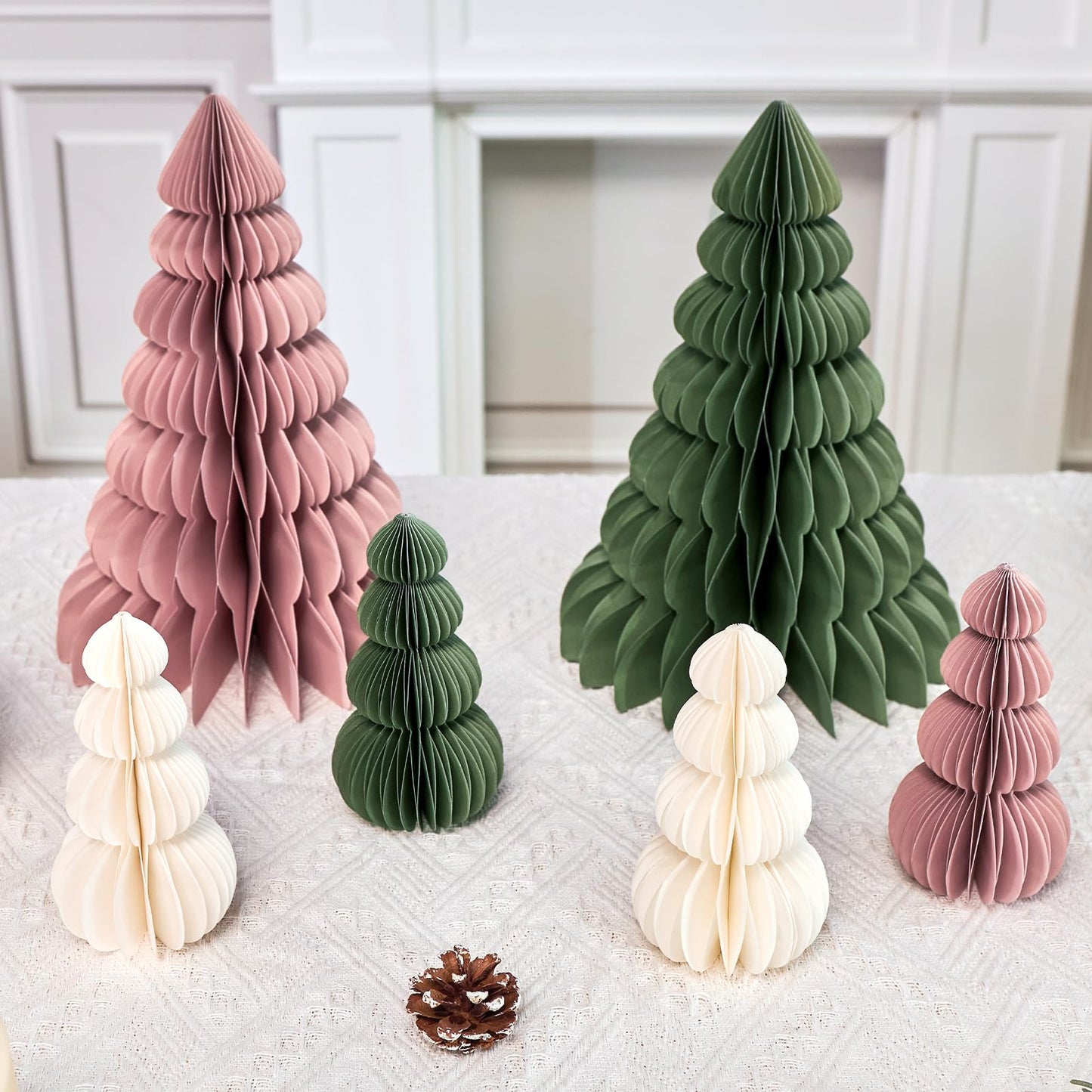 OBBOLO 6 Pcs Paper Christmas Tree, Beige, Sage Green and Dusty Pink Tabletop Christmas Decorations with Magnetic Closure, 12" & 6" Foldable Reusable Holiday Trees for Mantel, Table Centerpiece