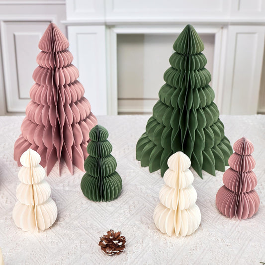 OBBOLO 6 Pcs Paper Christmas Tree, Beige, Sage Green and Dusty Pink Tabletop Christmas Decorations with Magnetic Closure, 12" & 6" Foldable Reusable Holiday Trees for Mantel, Table Centerpiece