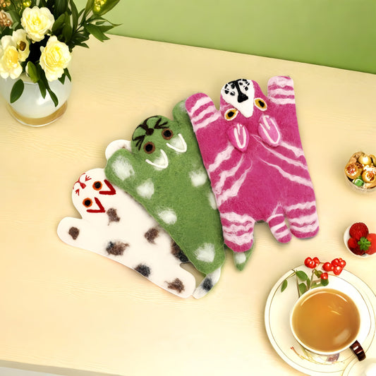 Handmade Wool Felt Cat Coasters Set - 3 Adorable Cats - Shaped Drink Coasters,Non-Slip Cup Mats for Cat Loves, Cute Kitty Design for Coffee Table, Desk, and Home Decor (Eco-Friendly & Absorbent)