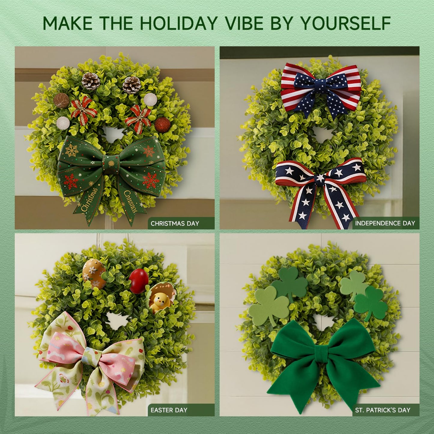 IPLNTS Summer Wreaths for Front Door 15" Artificial Boxwood Wreath Spring Door Wreath for Farmhouse Wedding Festival All Season Home Decor