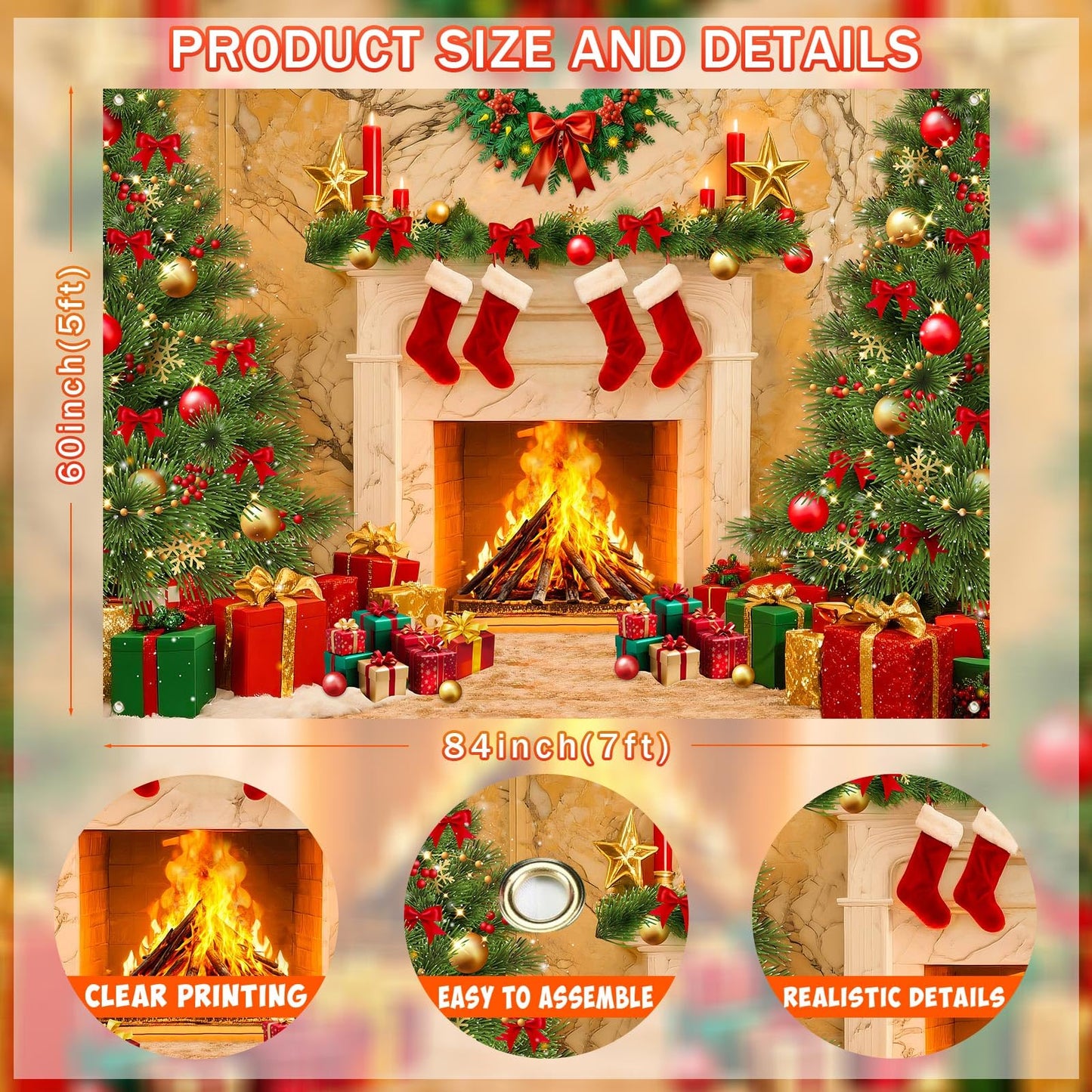 Christmas Backdrops for Photography, Fireplace Photo Backdrop for Wall Photoshoot, Xmas Background Holiday Party Tree Red Socks Gifts Decorations 7x5FT