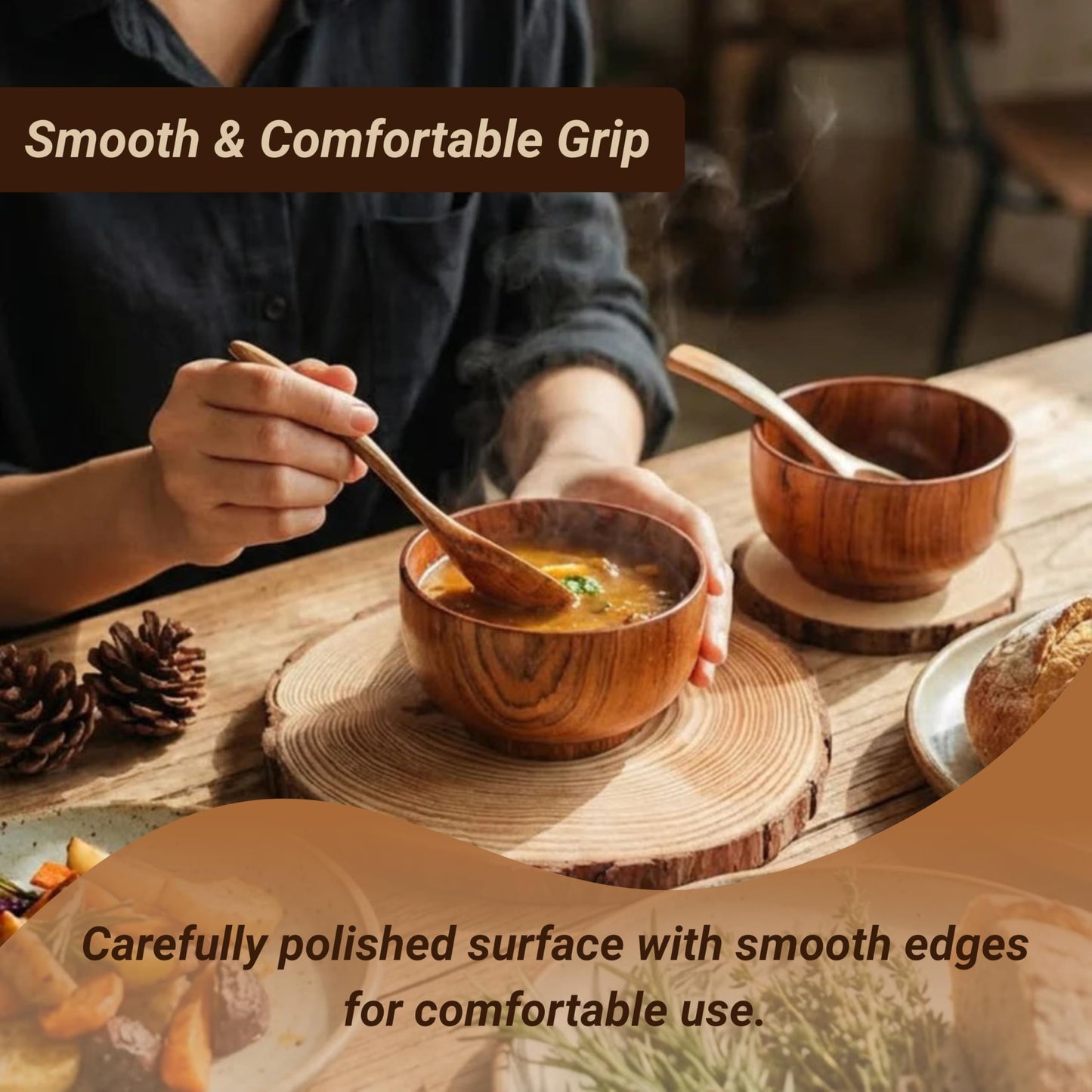 Komokey Wooden Bowl and Spoon Set of 4 - Japanese Style Natural Wood Soup Rice Salad Bowls with Spoons, Eco-Friendly Handcrafted Tableware, Housewarming Kitchen Gift