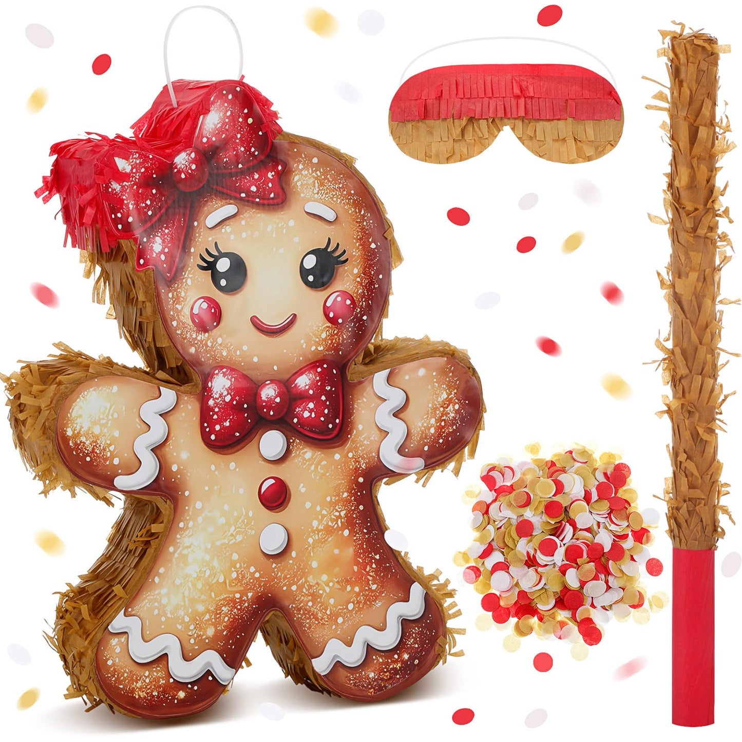 HyDren Christmas Gingerbread Girl Piñata Decorations Christmas Mexican Piñata with Stick Confetti and Blindfold Bundle for Xmas Favors Party Decors Holiday Photo Props (15.7"x11.8"x3")
