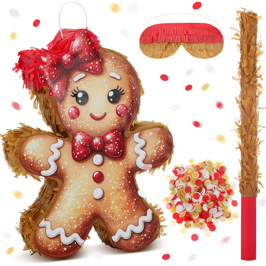 HyDren Christmas Gingerbread Girl Piñata Decorations Christmas Mexican Piñata with Stick Confetti and Blindfold Bundle for Xmas Favors Party Decors Holiday Photo Props (15.7"x11.8"x3")
